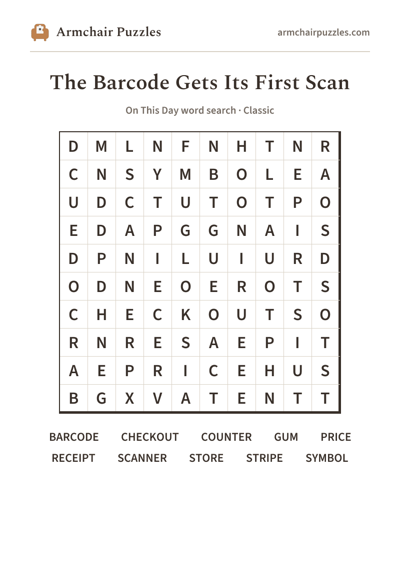 The printable The Barcode Gets Its First Scan word search sheet: large-print Classic grid with its word list