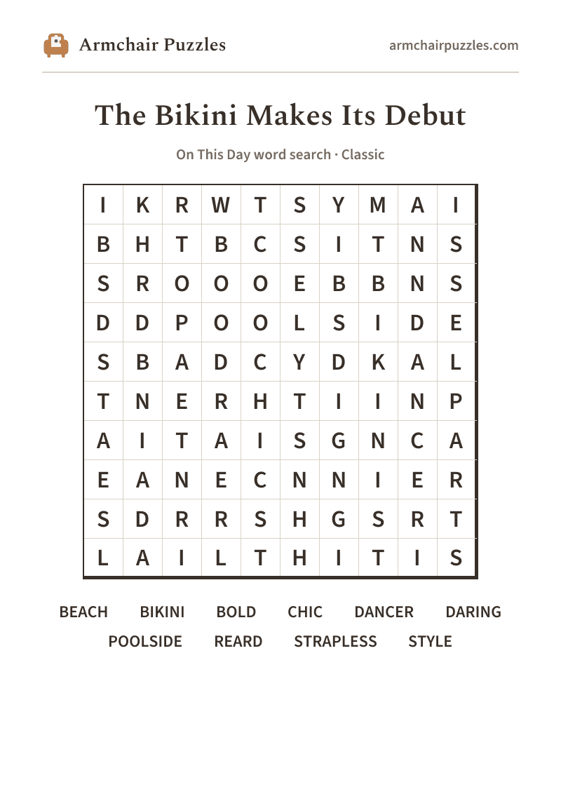 The printable The Bikini Makes Its Debut word search sheet