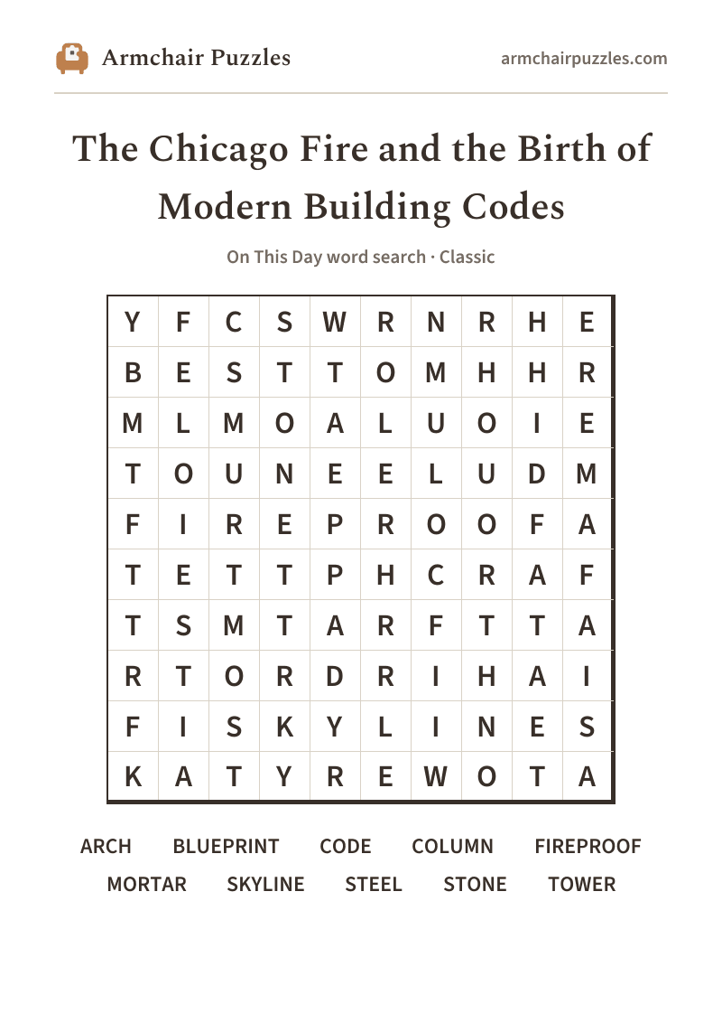 The printable The Chicago Fire and the Birth of Modern Building Codes word search sheet: large-print Classic grid with its word list