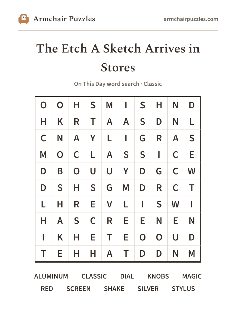 The printable The Etch A Sketch Arrives in Stores word search sheet in large print