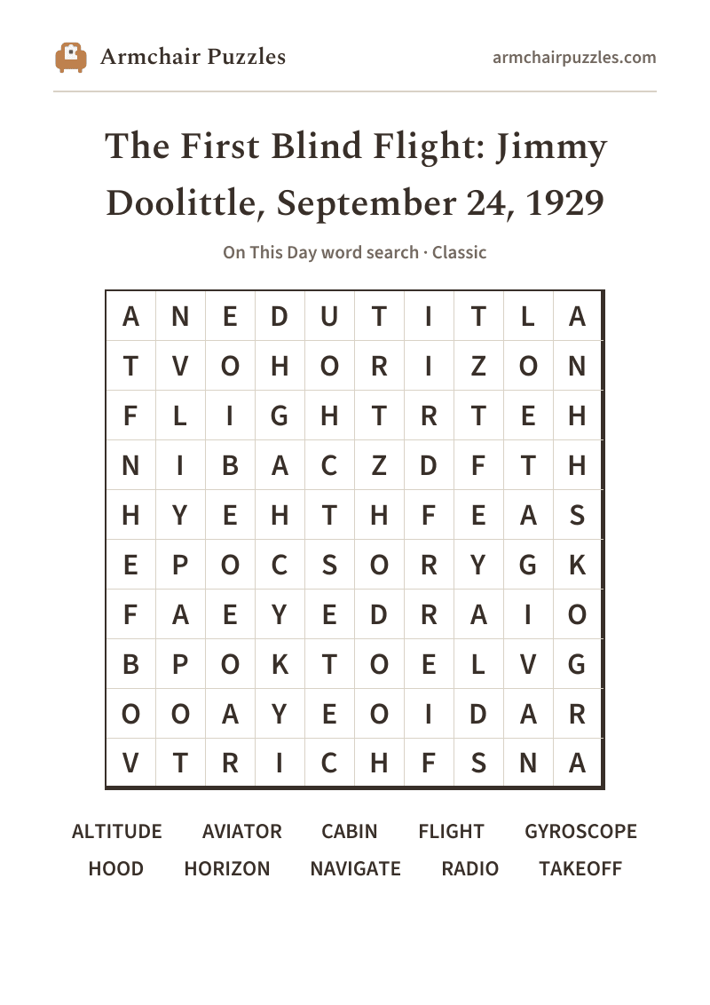 The printable The First Blind Flight: Jimmy Doolittle, September 24, 1929 word search sheet: large-print Classic grid with its word list