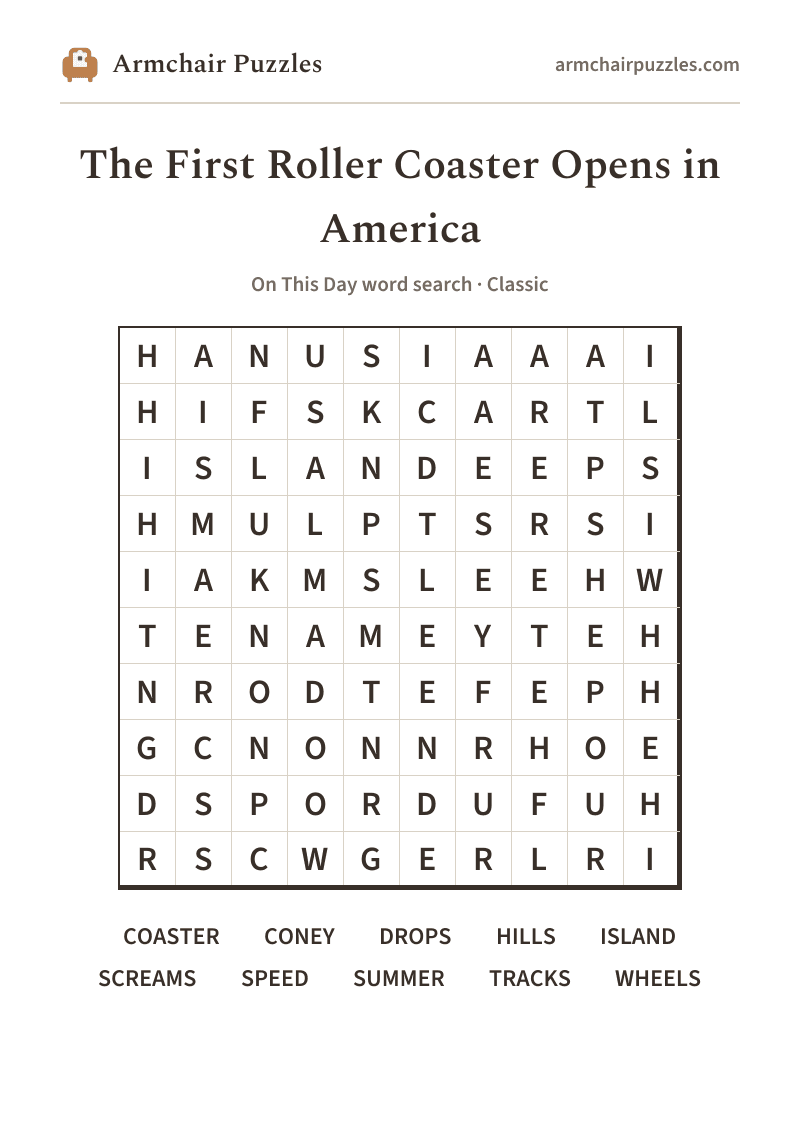 The printable The First Roller Coaster Opens in America word search sheet