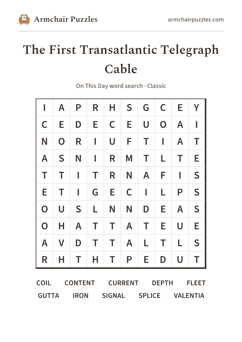 The printable The First Transatlantic Telegraph Cable word search sheet