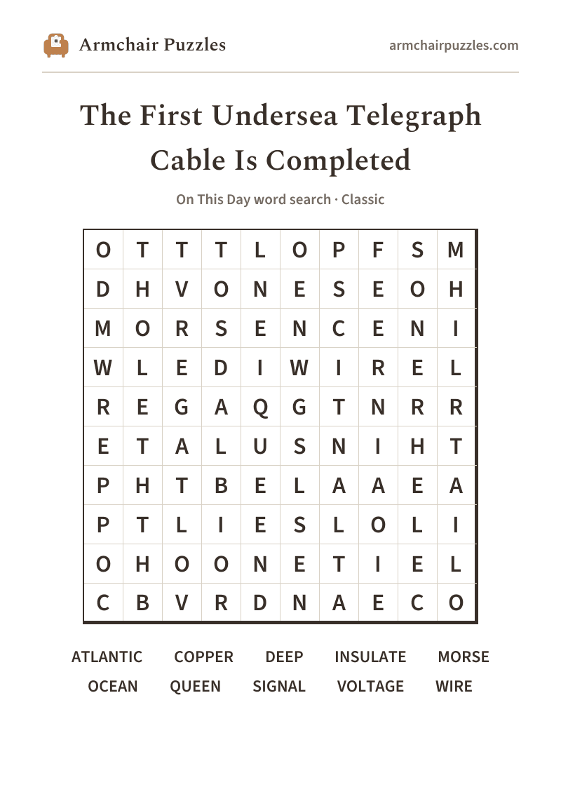 The printable The First Undersea Telegraph Cable Is Completed word search sheet in large print