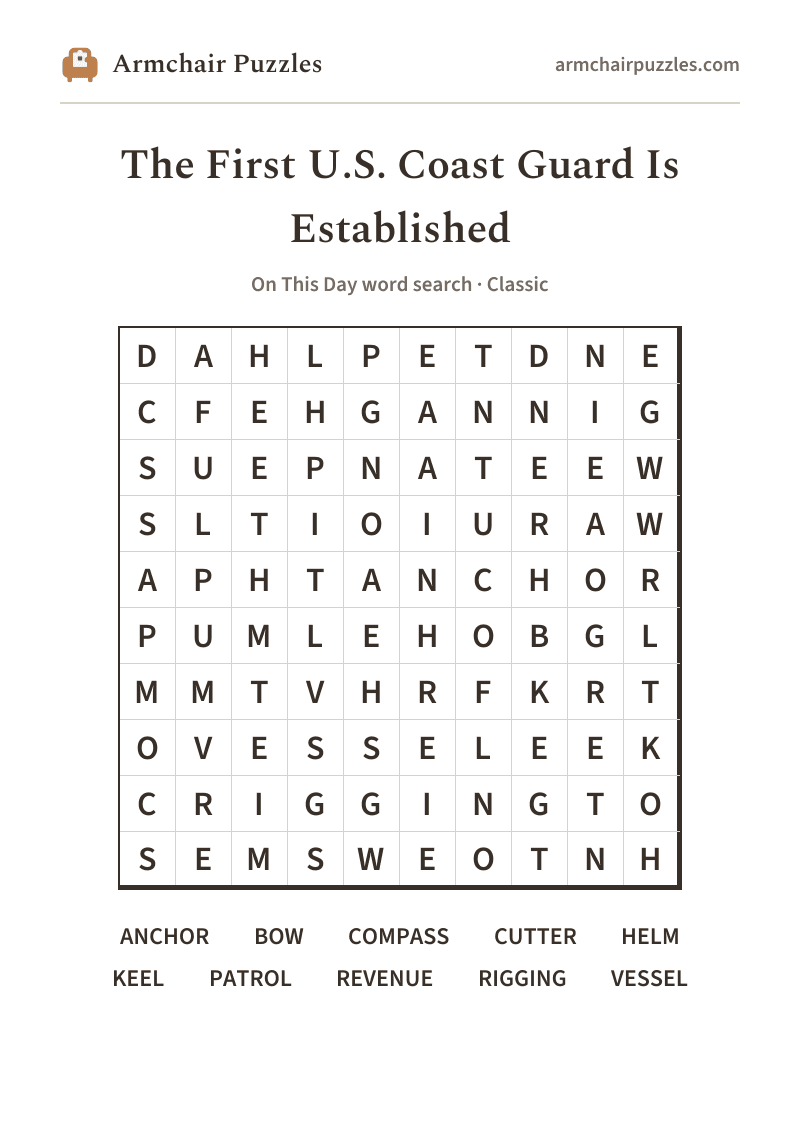 The printable The First U.S. Coast Guard Is Established word search sheet in large print
