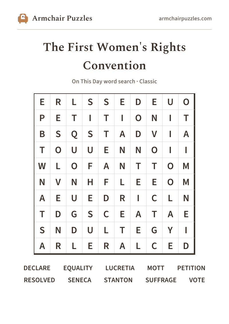 The printable The First Women's Rights Convention word search sheet