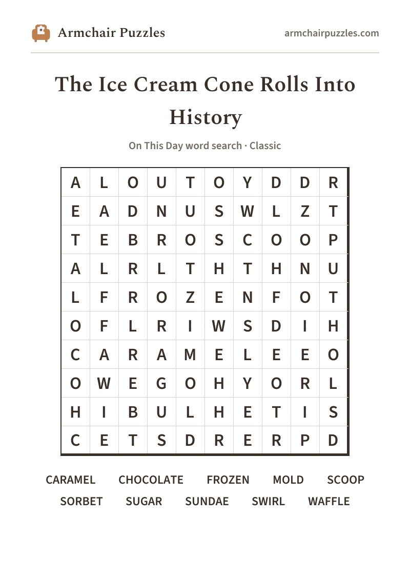 The printable The Ice Cream Cone Rolls Into History word search sheet in large print