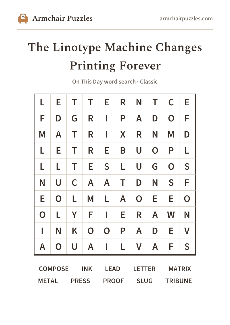 The printable The Linotype Machine Changes Printing Forever word search sheet