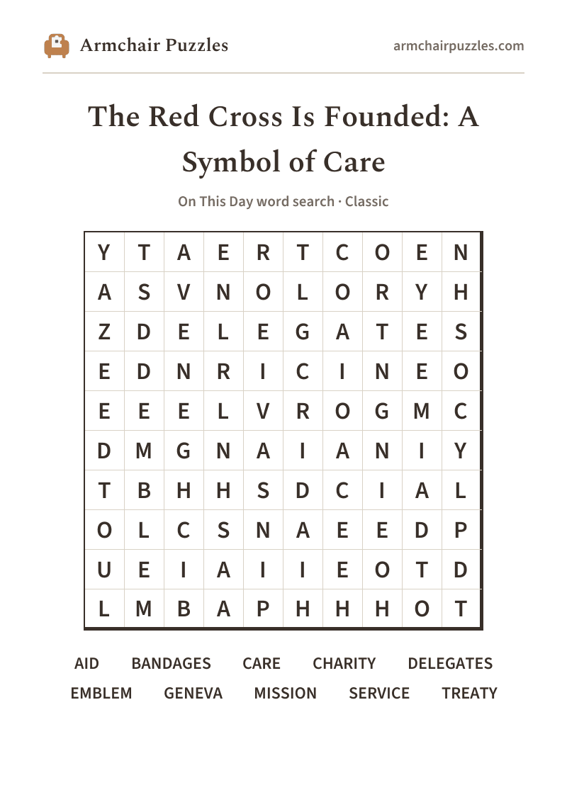 The printable The Red Cross Is Founded: A Symbol of Care word search sheet: large-print Classic grid with its word list