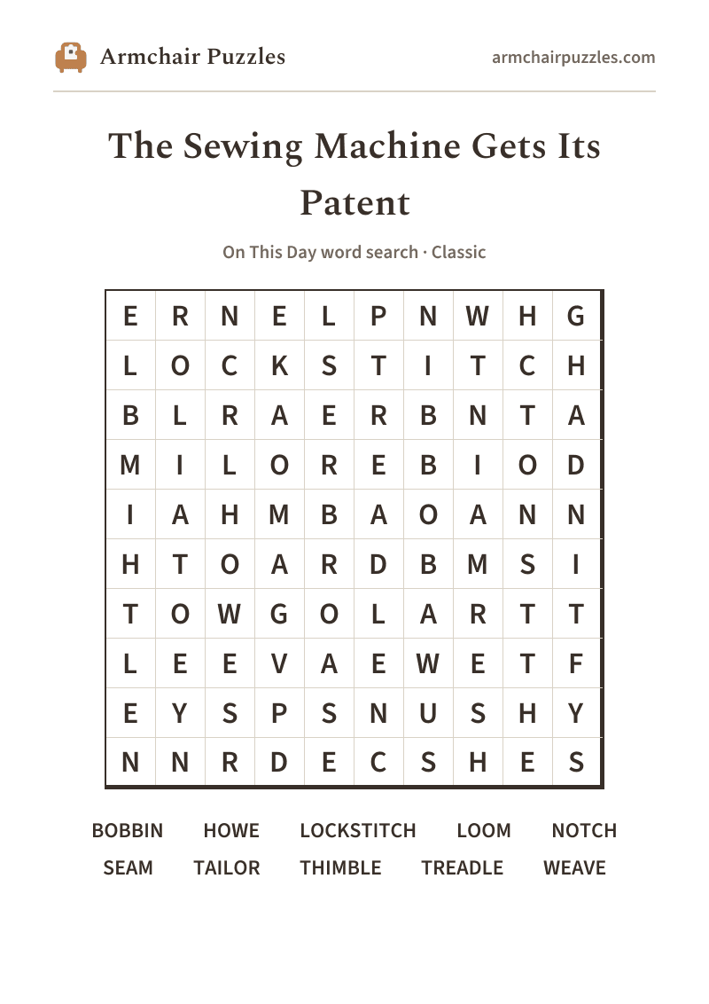 The printable The Sewing Machine Gets Its Patent word search sheet