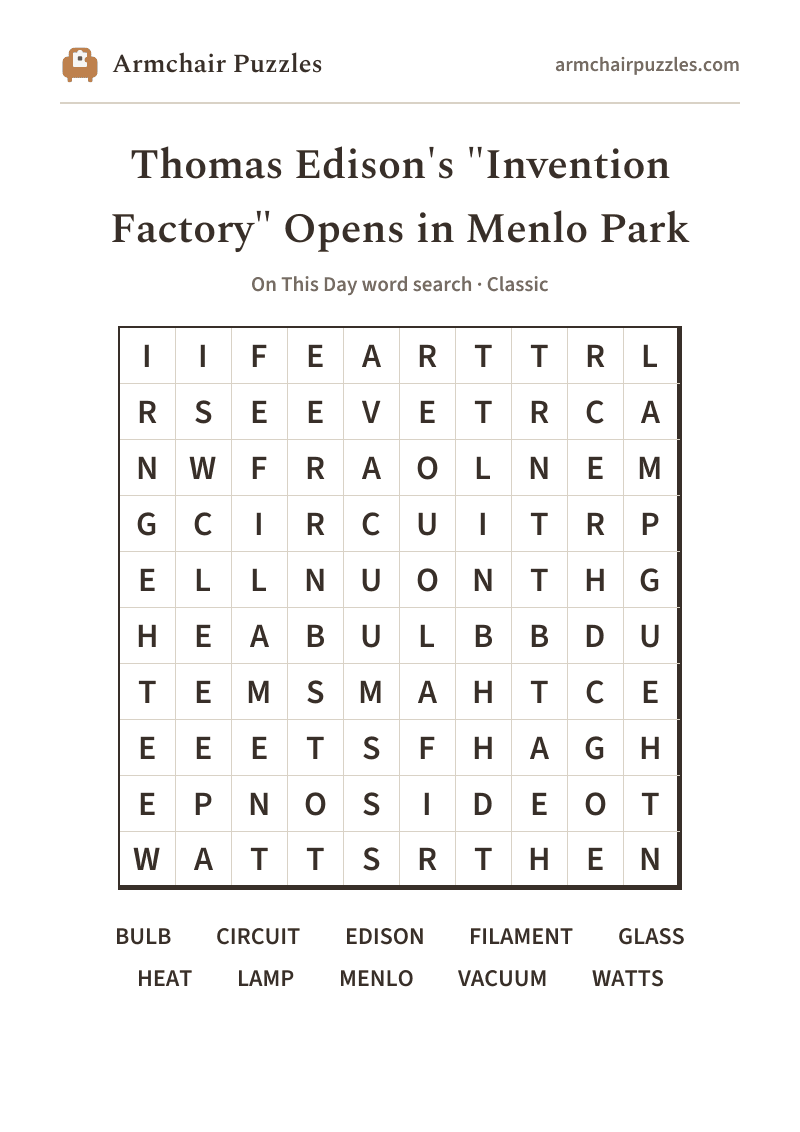 The printable Thomas Edison's "Invention Factory" Opens in Menlo Park word search sheet in large print