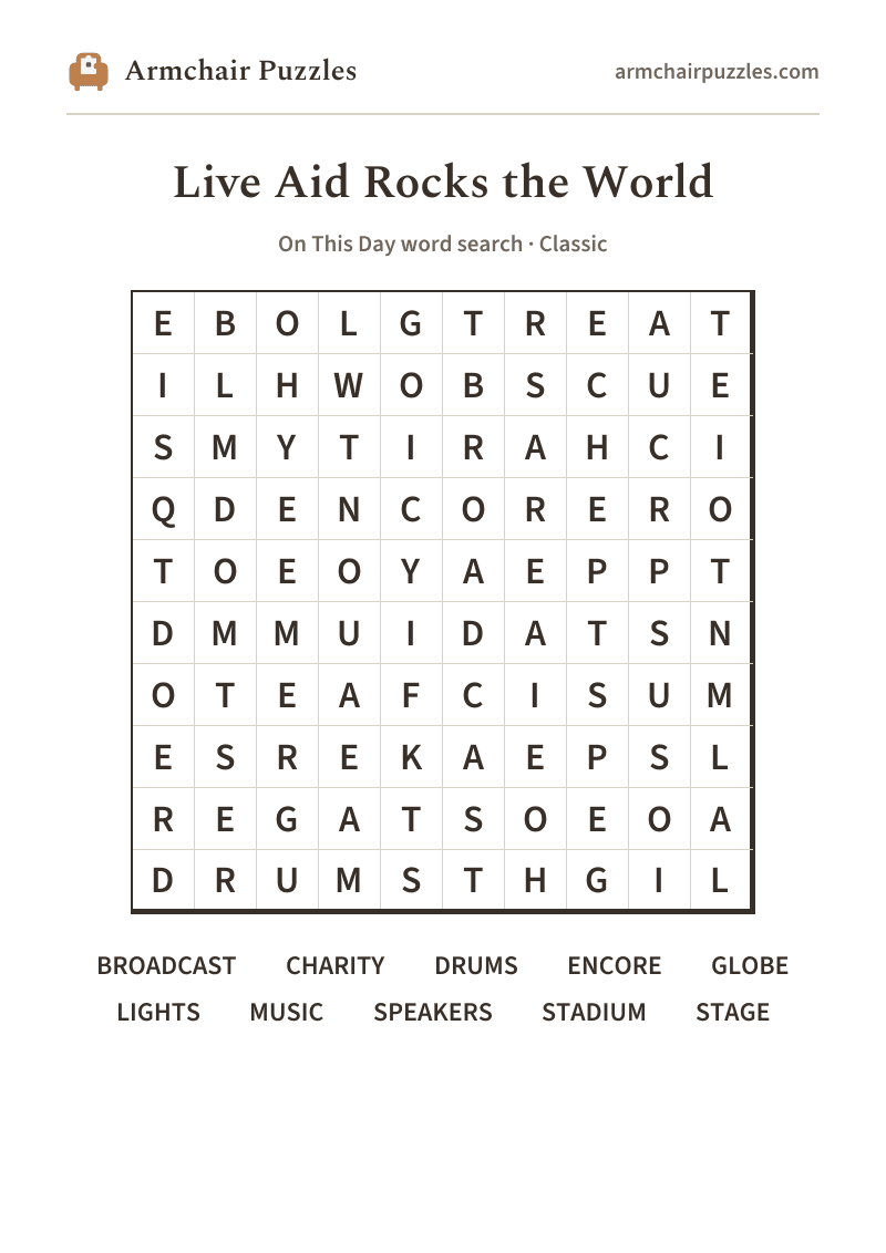 The printable Live Aid Rocks the World word search sheet: large-print Classic grid with its word list