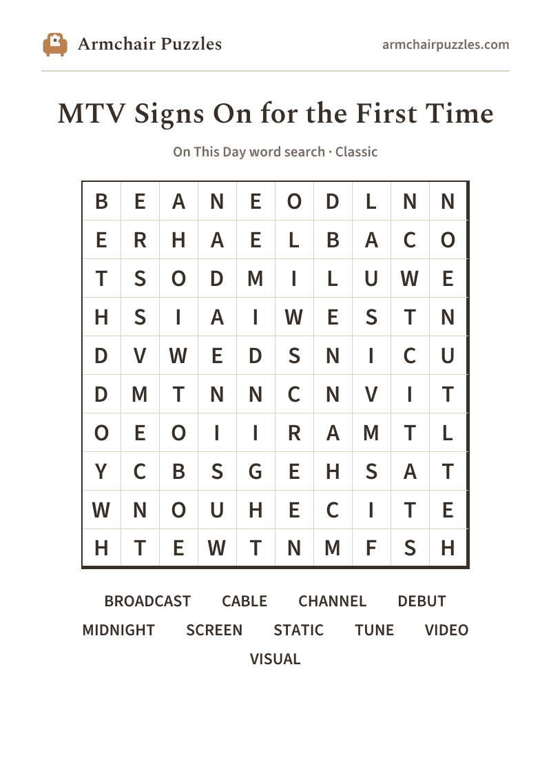 The printable MTV Signs On for the First Time word search sheet