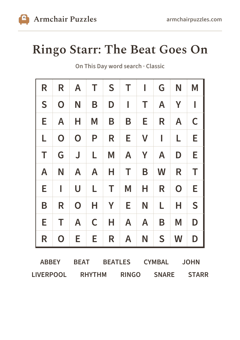 The printable Ringo Starr: The Beat Goes On word search sheet: large-print Classic grid with its word list