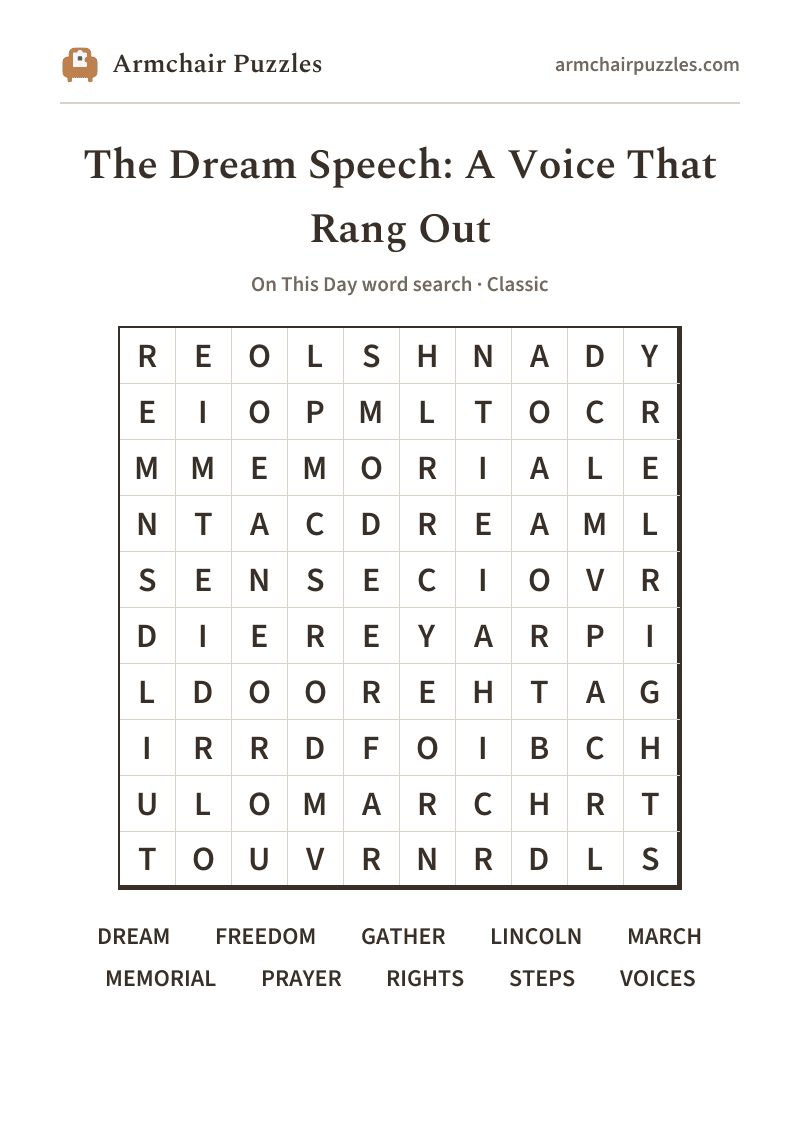 The printable The Dream Speech: A Voice That Rang Out word search sheet in large print