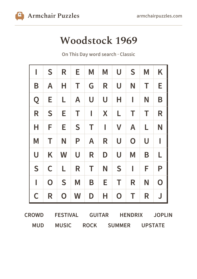 The printable Woodstock 1969 word search sheet: large-print Classic grid with its word list