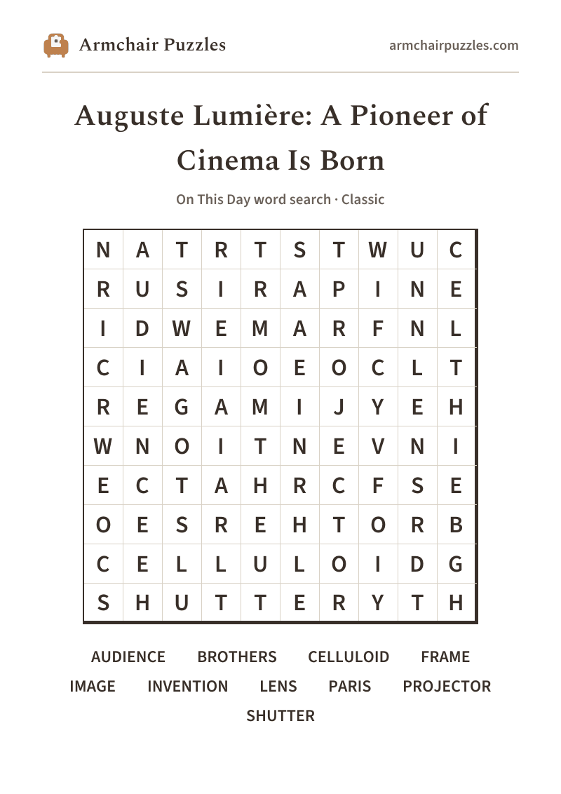 The printable Auguste Lumière: A Pioneer of Cinema Is Born word search sheet in large print