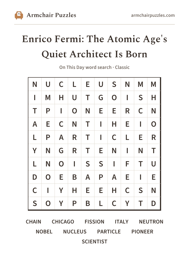 The printable Enrico Fermi: The Atomic Age's Quiet Architect Is Born word search sheet in large print