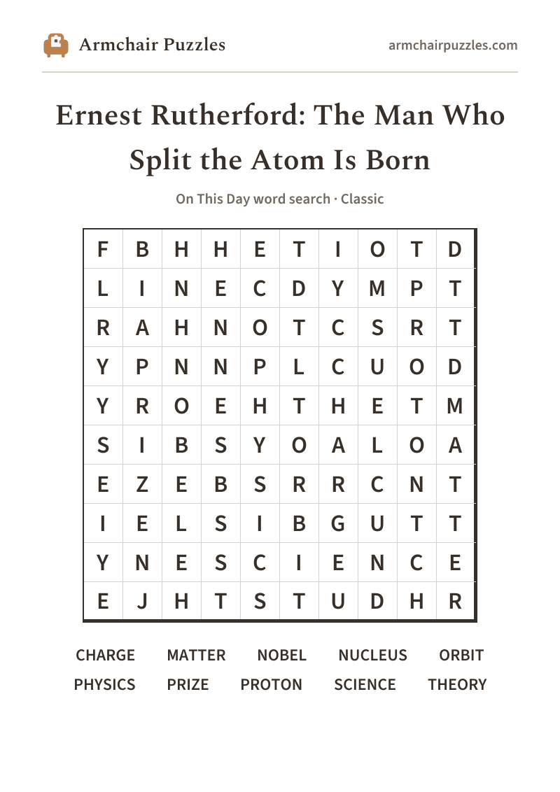 The printable Ernest Rutherford: The Man Who Split the Atom Is Born word search sheet: large-print Classic grid with its word list