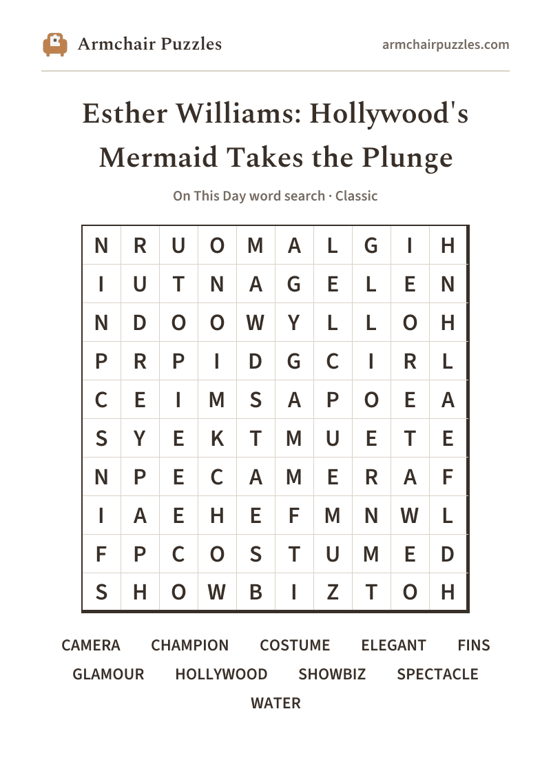 The printable Esther Williams: Hollywood's Mermaid Takes the Plunge word search sheet