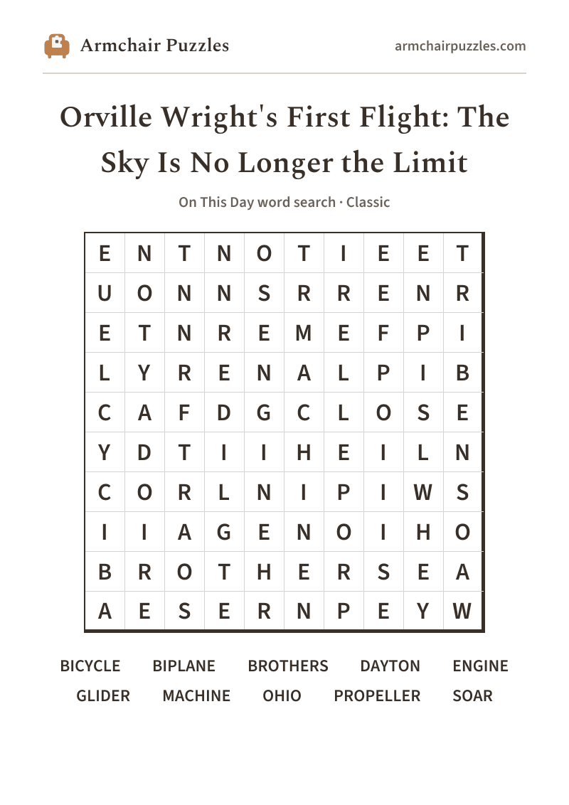 The printable Orville Wright's First Flight: The Sky Is No Longer the Limit word search sheet