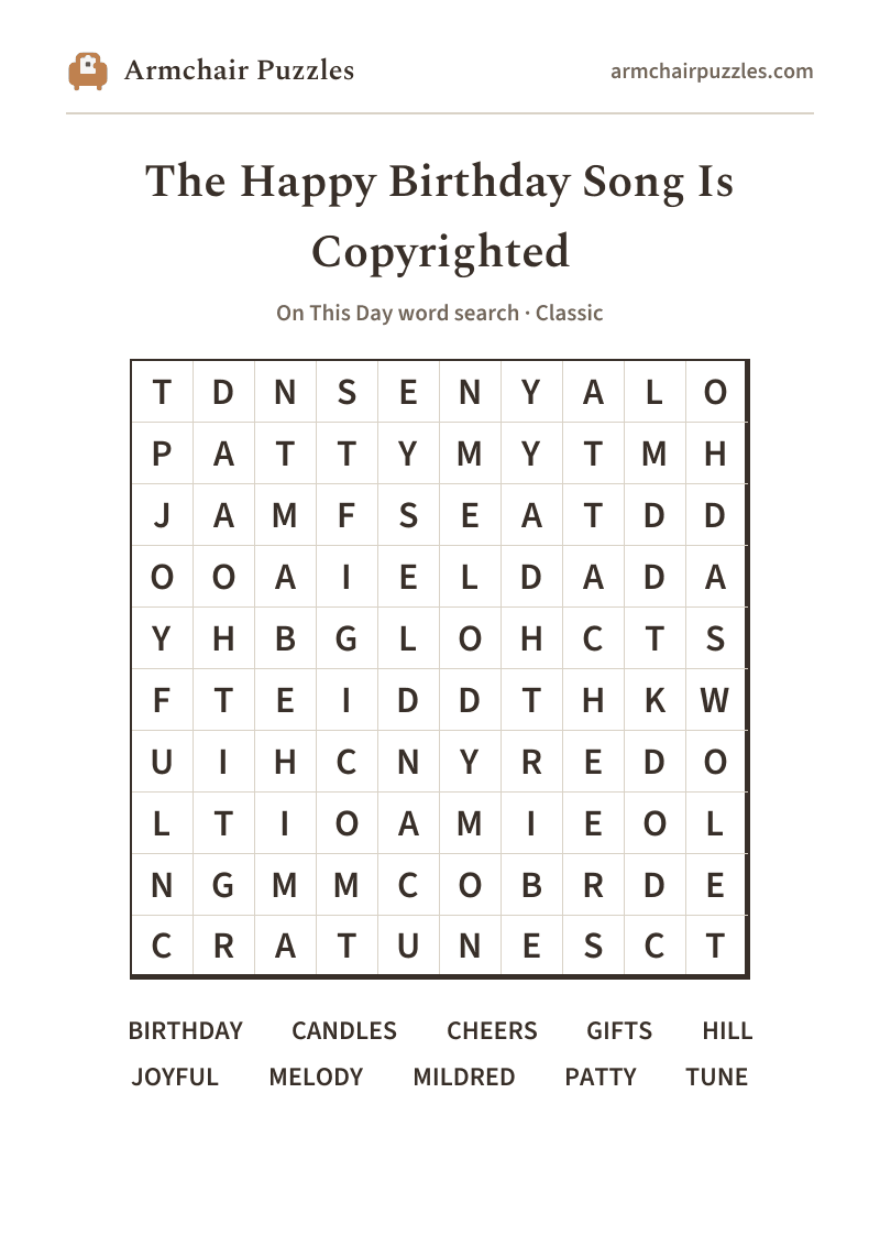 The printable The Happy Birthday Song Is Copyrighted word search sheet