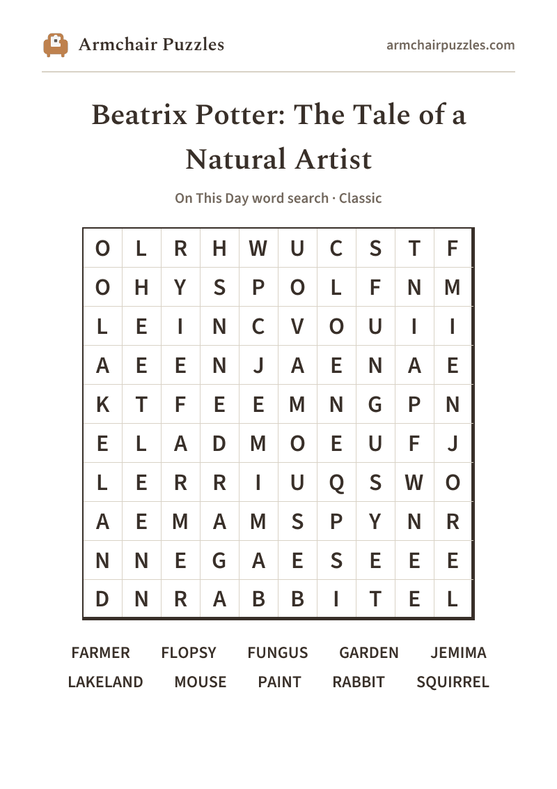 The printable Beatrix Potter: The Tale of a Natural Artist word search sheet in large print