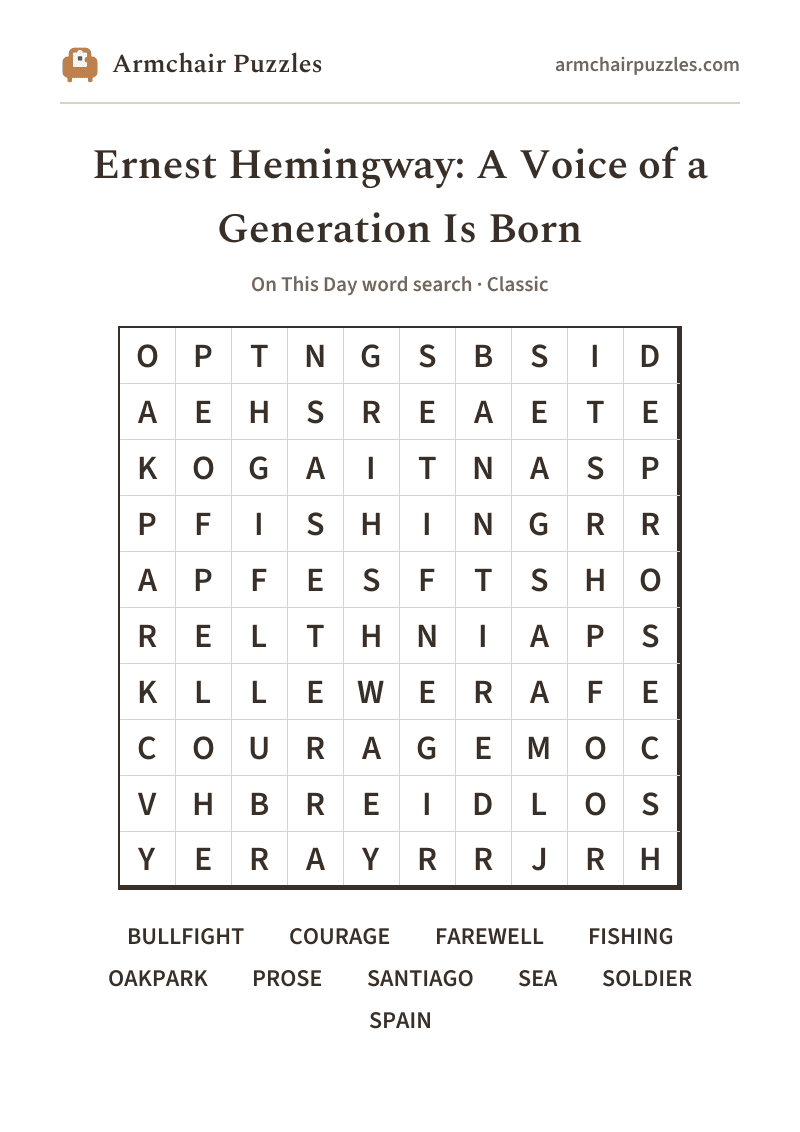 The printable Ernest Hemingway: A Voice of a Generation Is Born word search sheet in large print