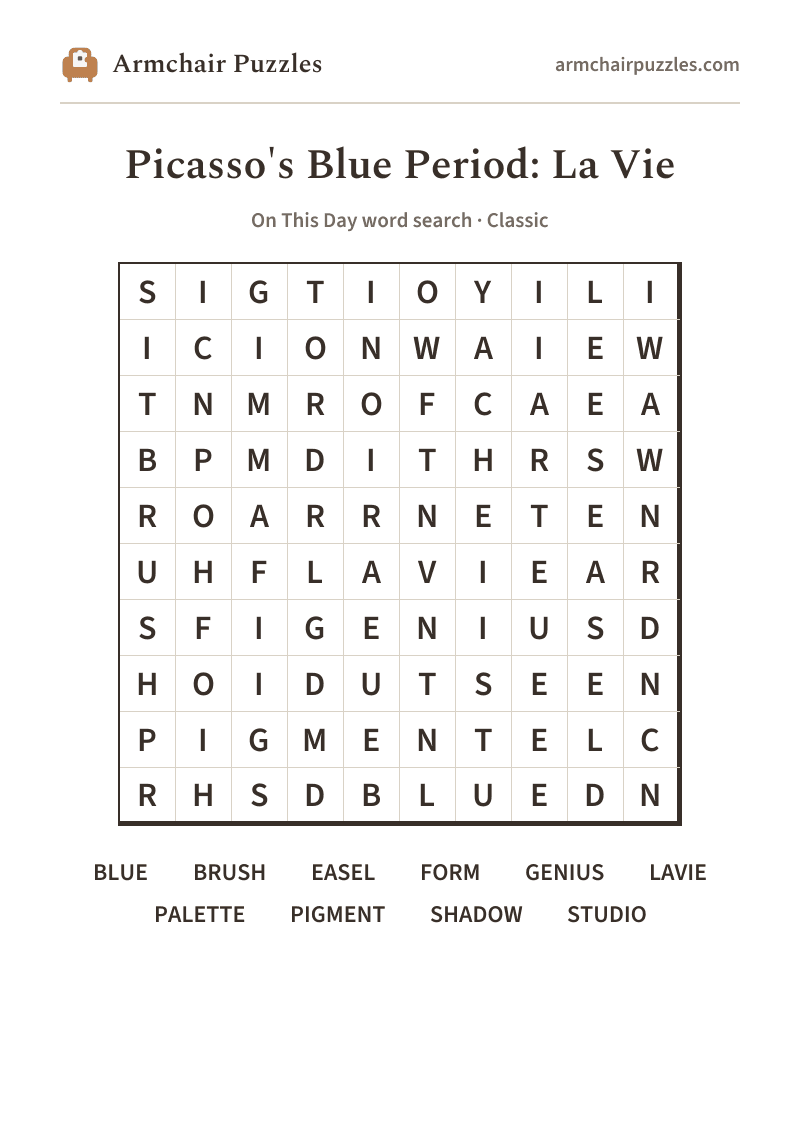 The printable Picasso's Blue Period: La Vie word search sheet in large print