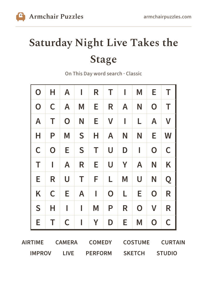 The printable Saturday Night Live Takes the Stage word search sheet in large print