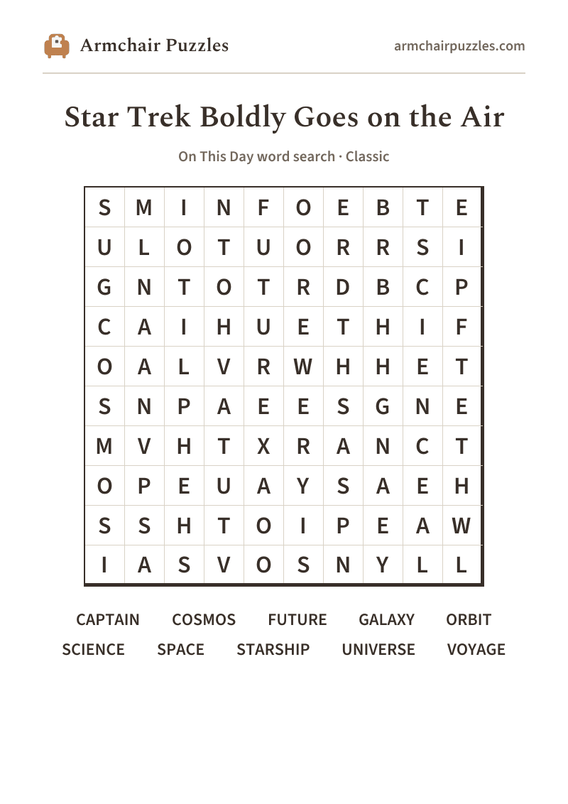 The printable Star Trek Boldly Goes on the Air word search sheet in large print
