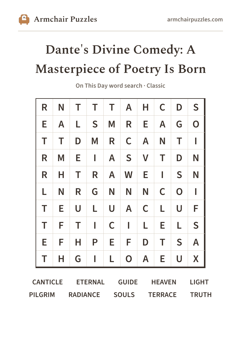 The printable Dante's Divine Comedy: A Masterpiece of Poetry Is Born word search sheet: large-print Classic grid with its word list