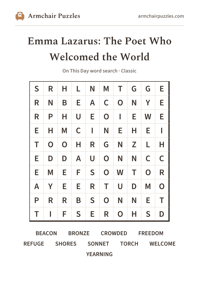 The printable Emma Lazarus: The Poet Who Welcomed the World word search sheet