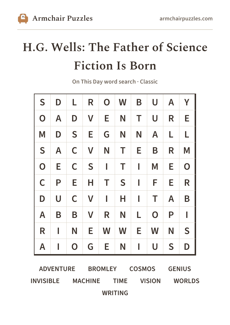 The printable H.G. Wells: The Father of Science Fiction Is Born word search sheet: large-print Classic grid with its word list