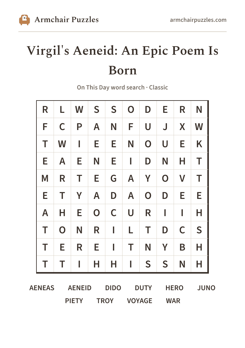 The printable Virgil's Aeneid: An Epic Poem Is Born word search sheet