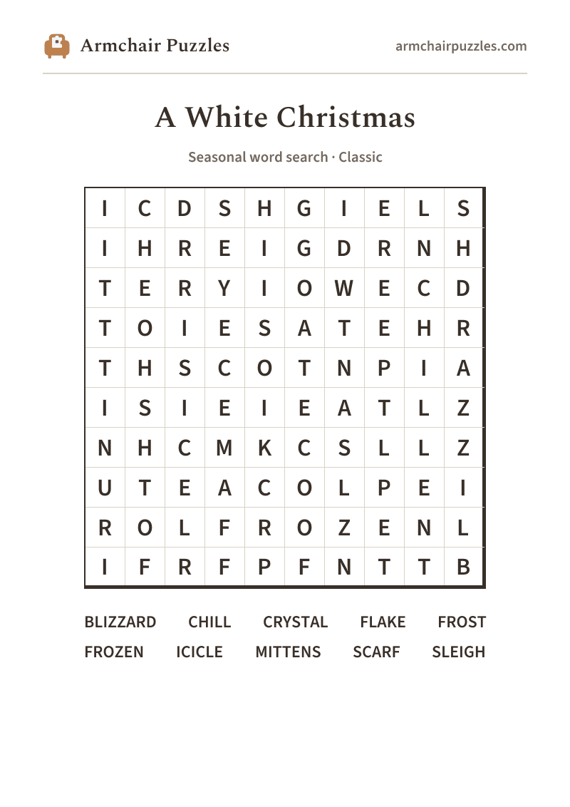 The printable A White Christmas word search sheet