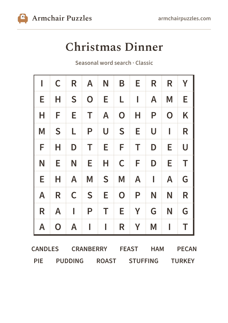 The printable Christmas Dinner word search sheet