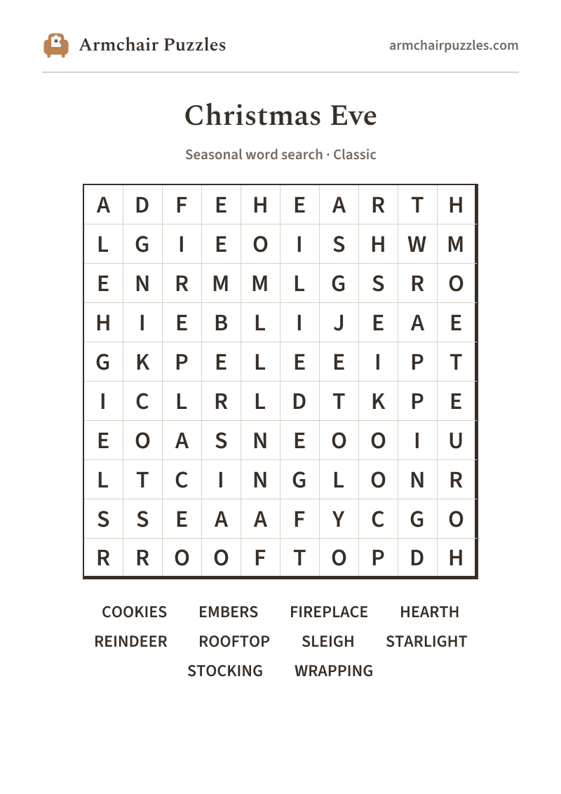 The printable Christmas Eve word search sheet