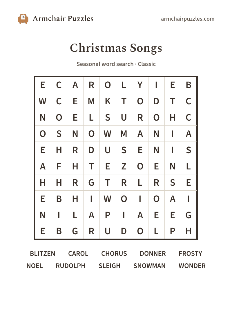 The printable Christmas Songs word search sheet