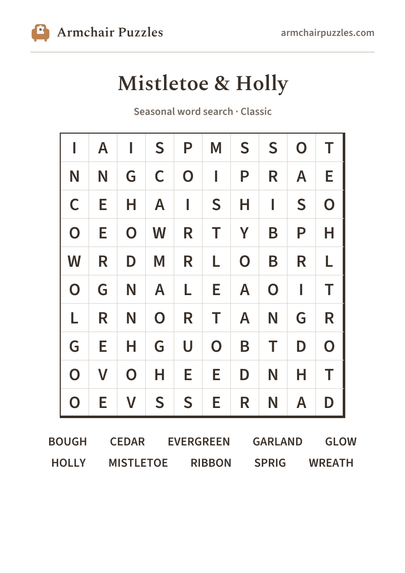 The printable Mistletoe & Holly word search sheet