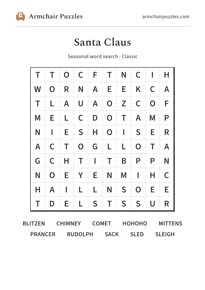 The printable Santa Claus word search sheet: large-print Classic grid with its word list
