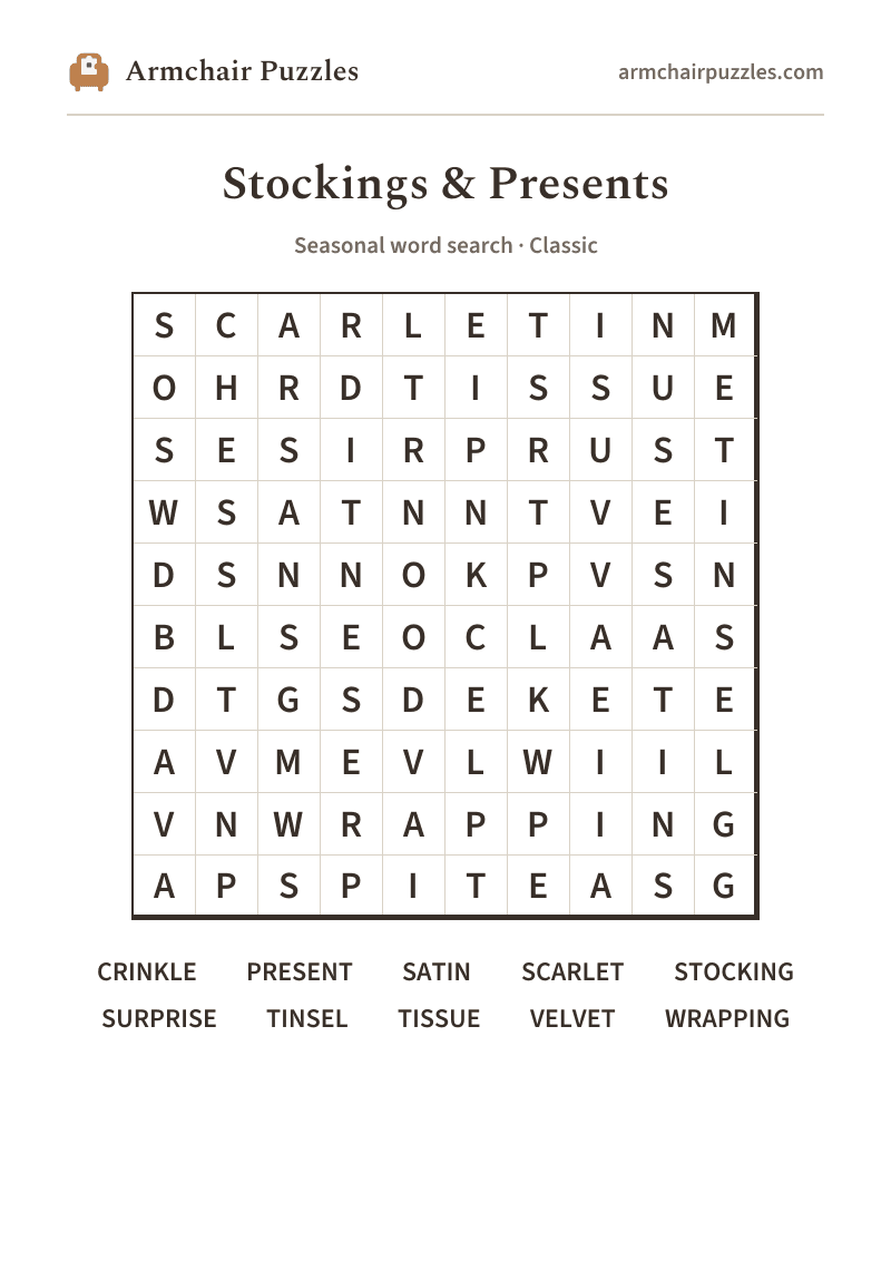 The printable Stockings & Presents word search sheet