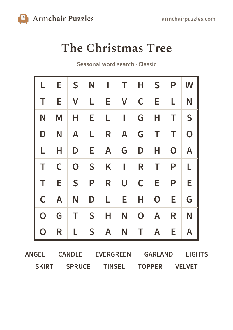 The printable The Christmas Tree word search sheet