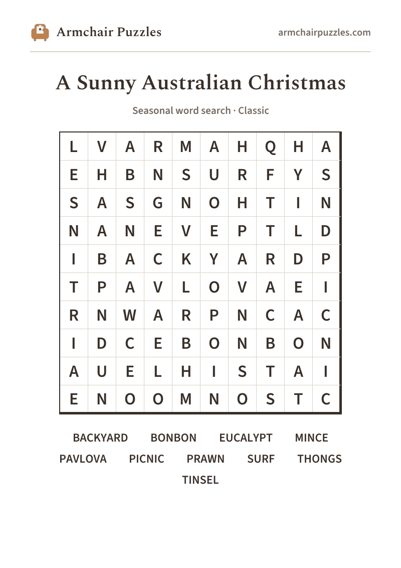 The printable A Sunny Australian Christmas word search sheet: large-print Classic grid with its word list