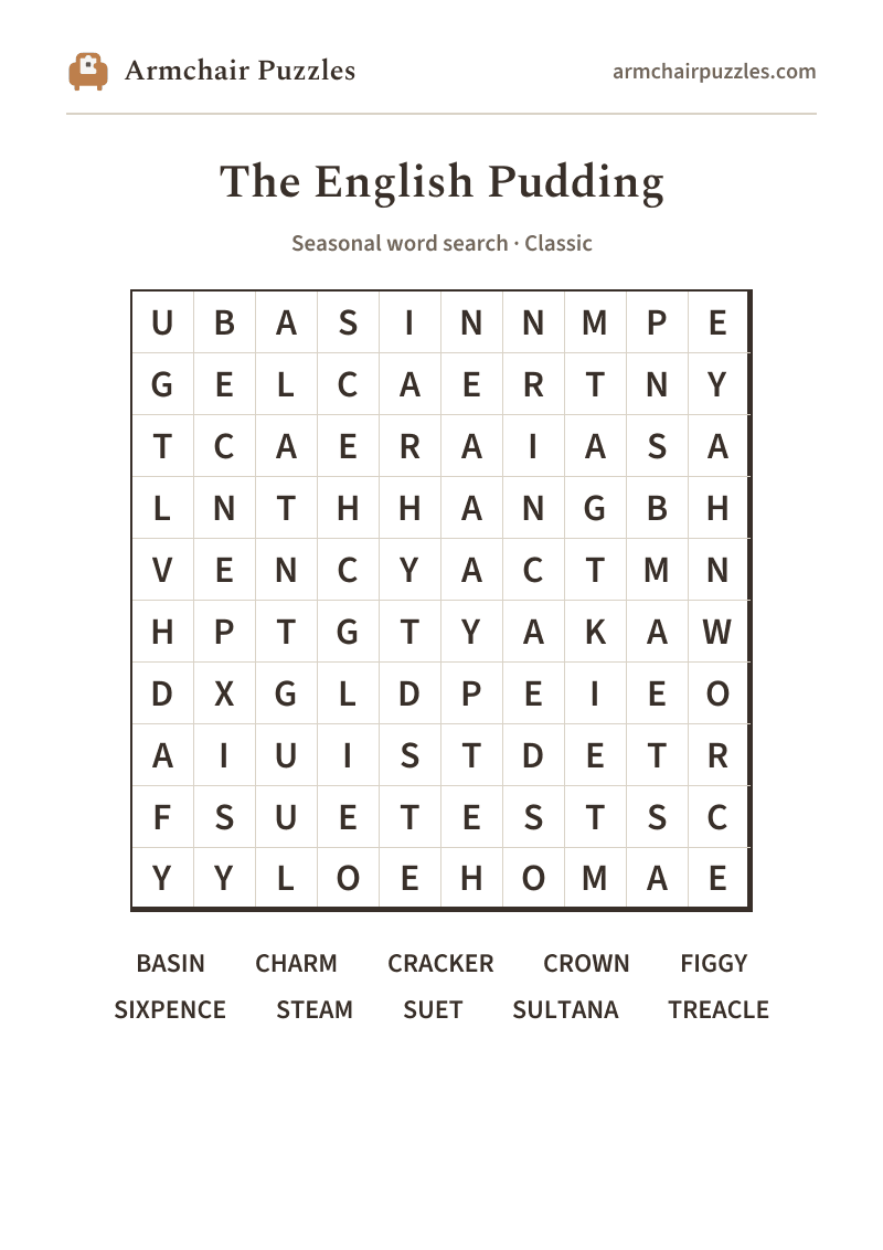 The printable The English Pudding word search sheet: large-print Classic grid with its word list