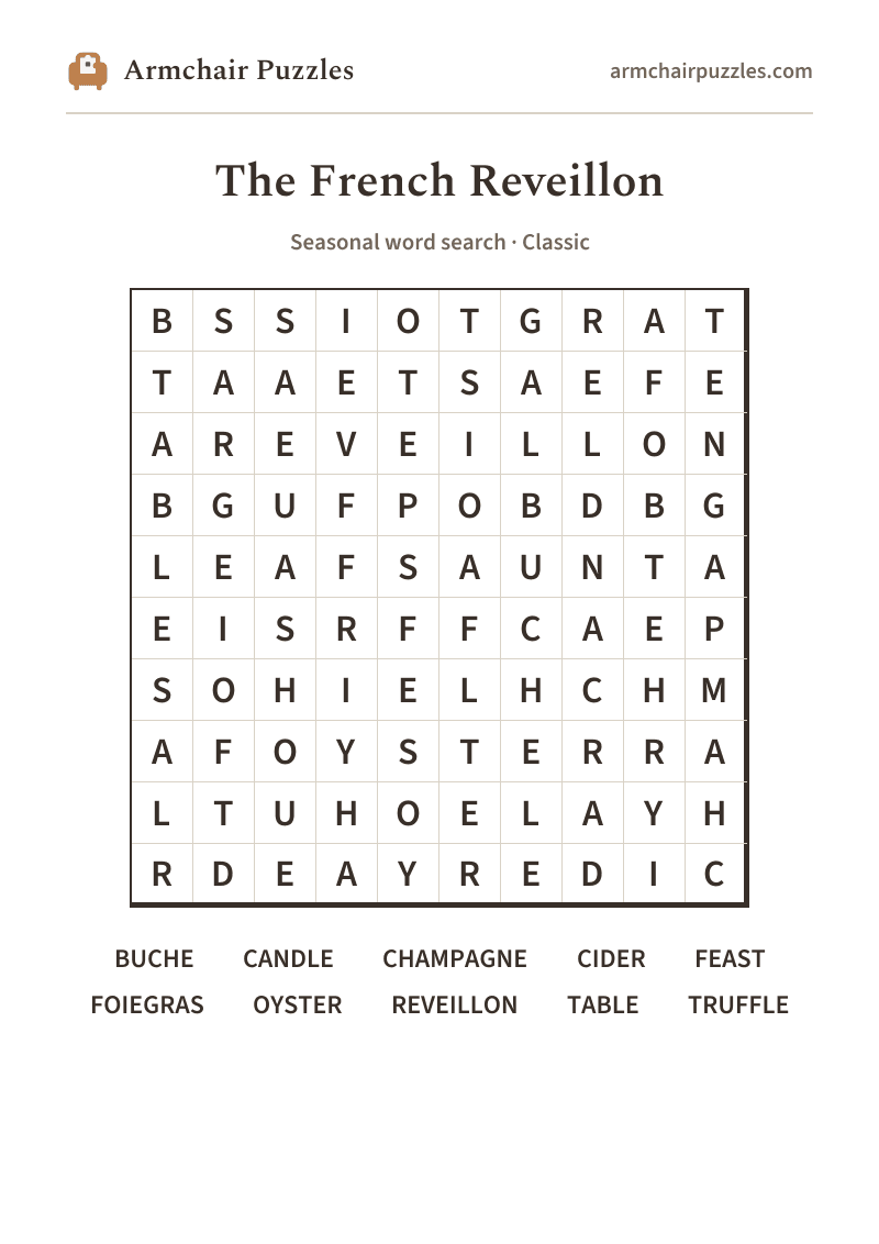 The printable The French Reveillon word search sheet in large print