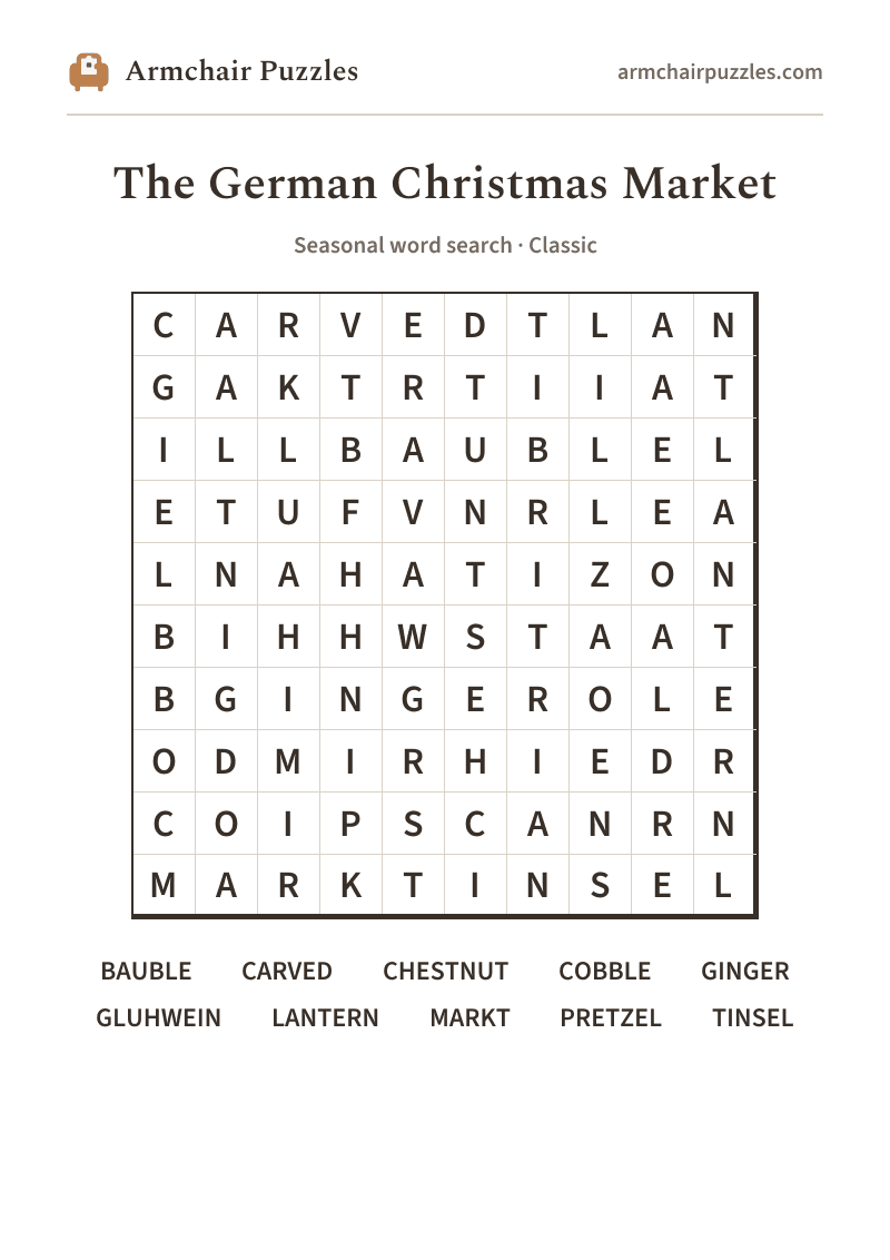 The printable The German Christmas Market word search sheet