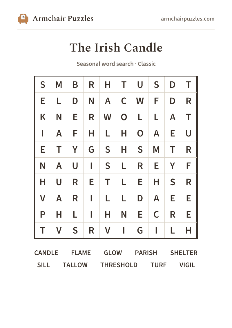 The printable The Irish Candle word search sheet: large-print Classic grid with its word list
