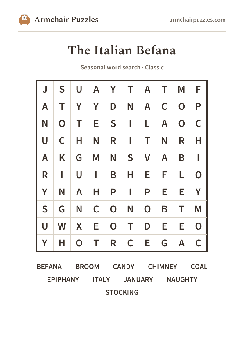 The printable The Italian Befana word search sheet: large-print Classic grid with its word list