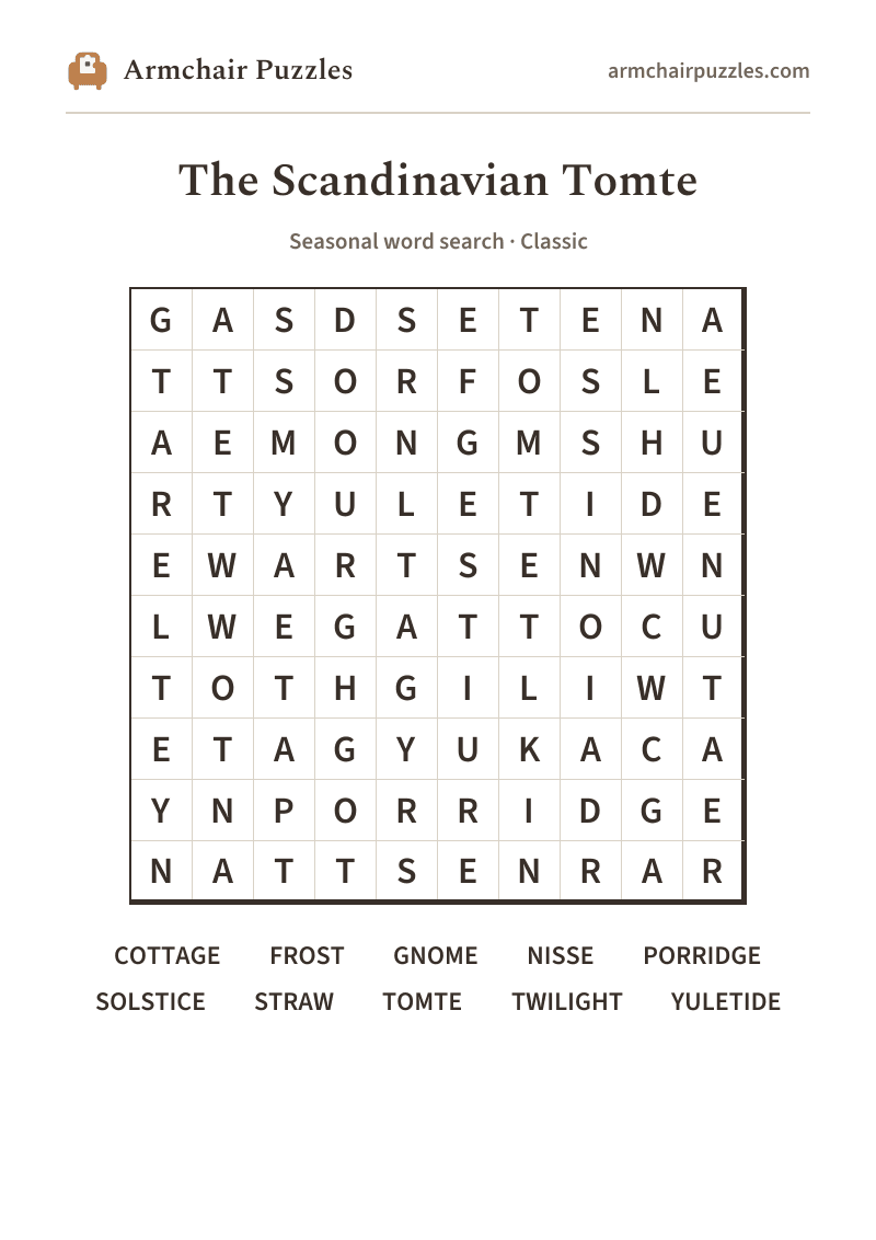 The printable The Scandinavian Tomte word search sheet: large-print Classic grid with its word list